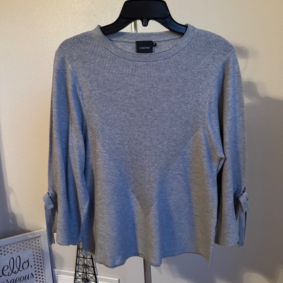 Cliche Ribbed Knit Wool Blend Tunic Sweater Wide Sleeves with Bows Oversized M - Picture 8 of 8